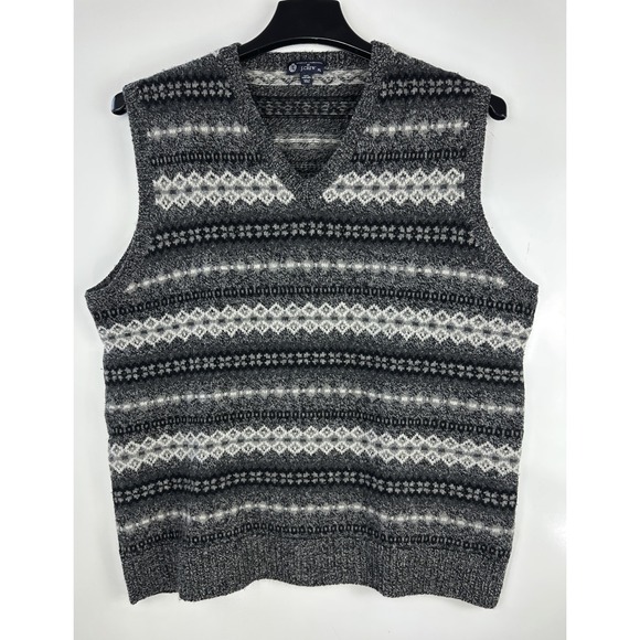 J.Crew Fair Isle Sweater Vest Mens XL Gray Lambswool Nordic Knit V-Neck - Picture 3 of 11